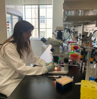 iSURE student Isabella Cifuentes works at a microscope
